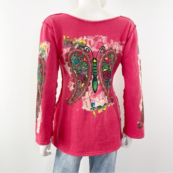 2B Free Pink Long Sleeve Sweatshirt Size M Raw Hem Butterfly Graphic Tattoo Art - Picture 7 of 10